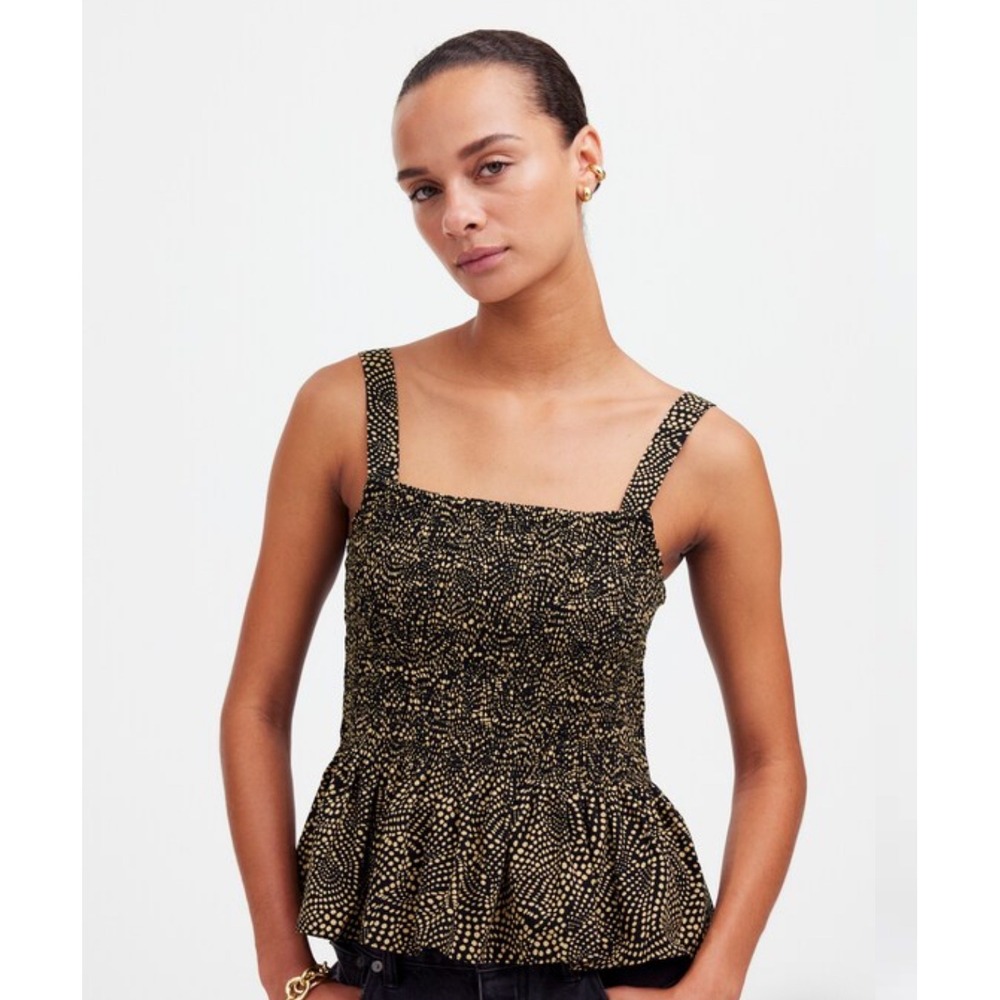 STRATEGIA Smocked Peplum Tank‎ Top Black Gold Dot Square Neck Sleeveless